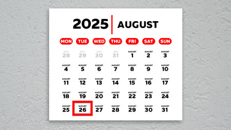 The date August 26th marked with a red cursor on the wall calendar 2025の写真素材