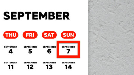 Close-up of the date September 7th marked with a red cursor on the wall calendar 2025の写真素材