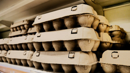 Many cartons of eggs on a grocery shelfの写真素材