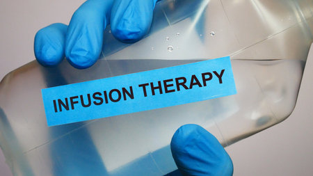 Close-up of IV fluid container in a nurse's hand with a label INFUSION THERAPY