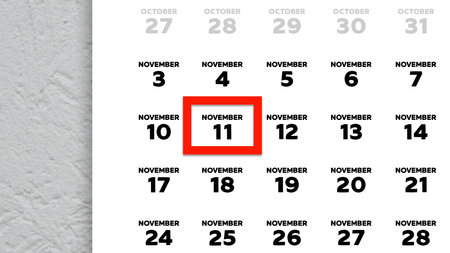 Close-up of the date November 11th marked with a red cursor on the wall calendar 2025