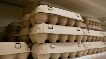 Many cartons of eggs on a grocery shelf