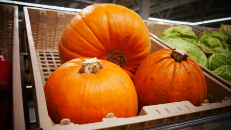 Three nice bright orange pumpkins in a plastic basketの写真素材