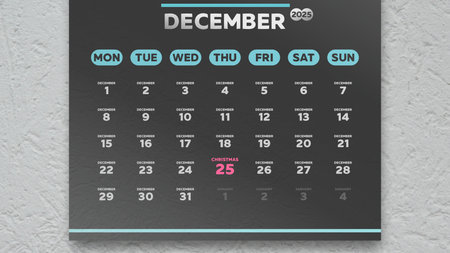 The date of Christmas 2025 highlighted on a black wall calendar December pageの写真素材