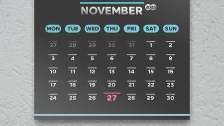 The date of Thanksgiving 2025 highlighted on a black wall calendar November pageの写真素材