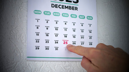 A male hand pointing finger to the date of Christmas 2025 highlighted on a wall calendarの写真素材