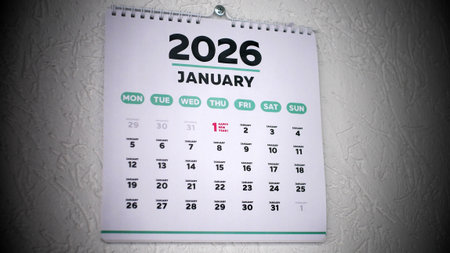 A nice January page of a wall calendar with the date of the new year 2026 highlighted