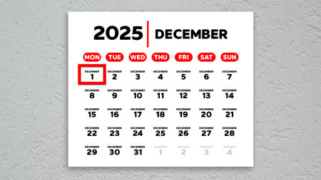 The date December 1st marked with a red cursor on the wall calendar 2025
