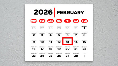 The date February 13th marked with a red cursor on the wall calendar 2026