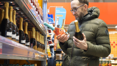 A male consumer choosing a bottle of sparkling wine in an alcohol department