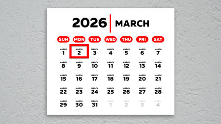The date March 2nd marked with a red cursor on the wall calendar 2026の写真素材