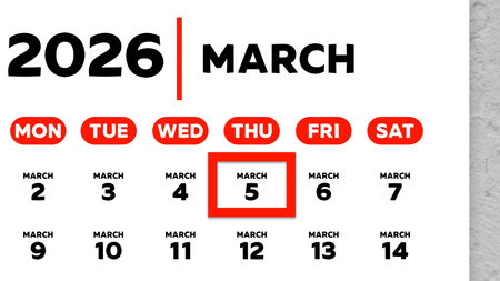 Close-up of the date March 5th marked with a red cursor on the wall calendar 2026の写真素材