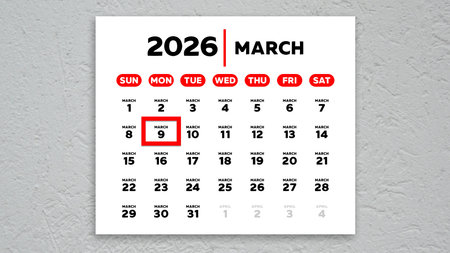 The date March 9th marked with a red cursor on the wall calendar 2026の写真素材