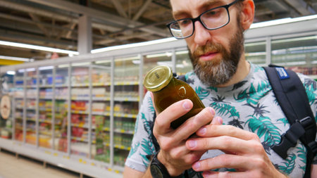 Close-up of a male customer reading the ingredients of a product in a supermarket