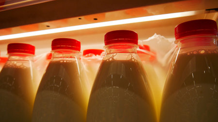 Close-up of many plastic milk bottles with red caps lined up on a fridge display