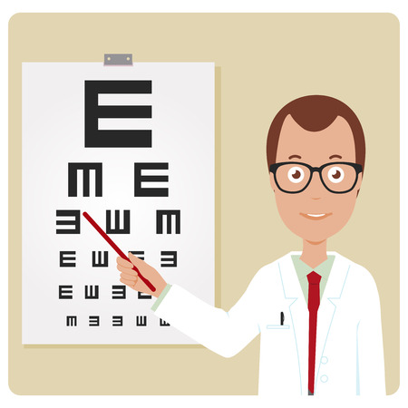 Ophthalmologist examining a patient using the eye chart.のイラスト素材