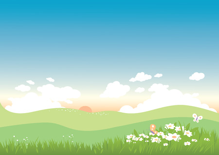 Spring landscape with flowers and butterfliesのイラスト素材