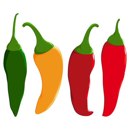 A set of hot chili peppers in four colors: red, green and yellow chili peppers.のイラスト素材