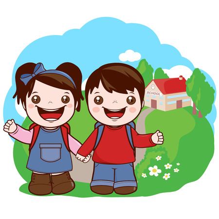 Girl and a boy students holding hands outside school.のイラスト素材