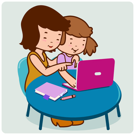 Mother and child sitting on the desk in front of the computer.のイラスト素材
