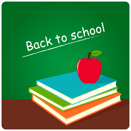 Green board, books and apple in classroom .のイラスト素材