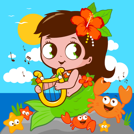 Mermaid by the sea playing music with her lyreのイラスト素材