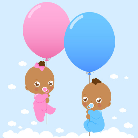 African American twin babies holding balloons .のイラスト素材