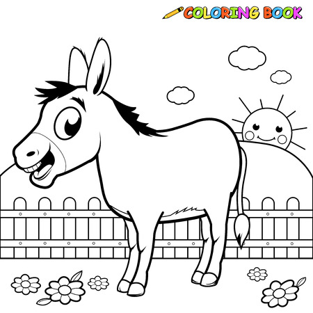 Black and white outline image of a cartoon donkey at the farm.のイラスト素材