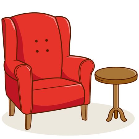 Red armchair and a side table on white background, isolated.のイラスト素材