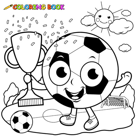 Champion cartoon soccer ball holding trophy coloring book pageのイラスト素材