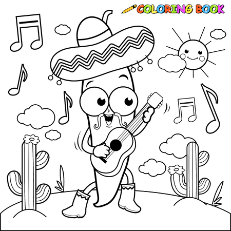 Mariachi chili pepper playing the guitar coloring pageのイラスト素材