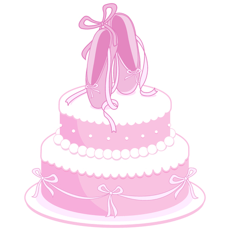 Pink birthday cake decorated with ballet shoes, pearls and ribbonsのイラスト素材