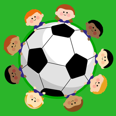 A soccer ball and a boys children team.のイラスト素材