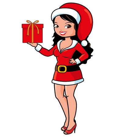 Woman wearing a Christmas Santa Claus costume and holding a box present.のイラスト素材