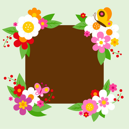 Vector Illustration of a colorful flower frame and butterfliesのイラスト素材