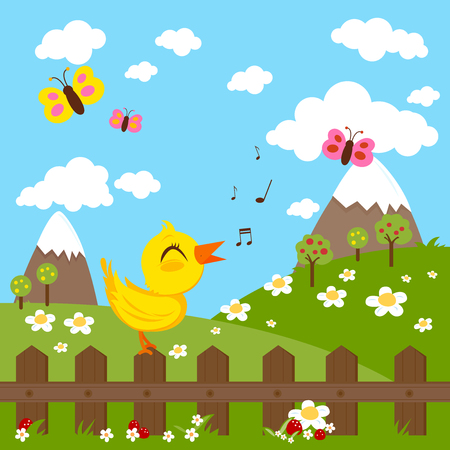 Green meadow landscape with a bird singing on a wooden fence, mountains, flowers and butterflies.のイラスト素材