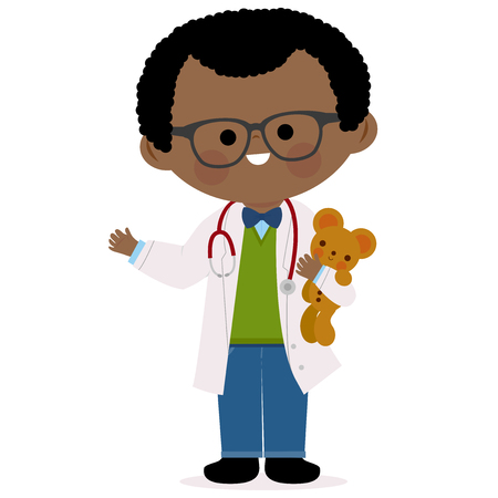 African American pediatrician doctor holding a bear toy.のイラスト素材