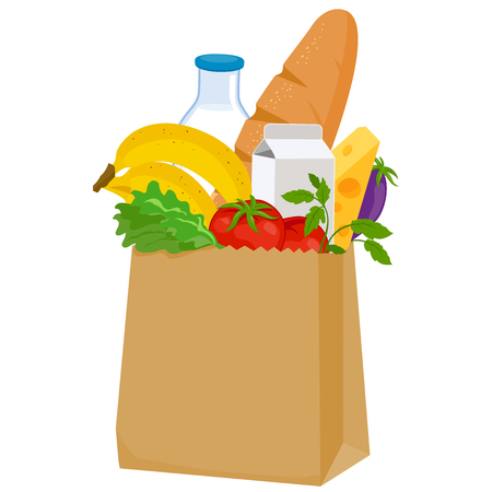 Paper bag with groceries on white background, vector illustration.のイラスト素材