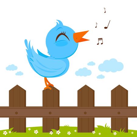 Blue bird singing on a wooden fence.のイラスト素材