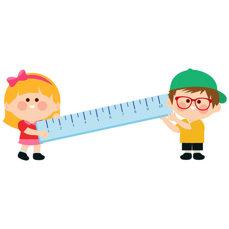Little boy and girl students holding a big ruler. Vector illustrationのイラスト素材