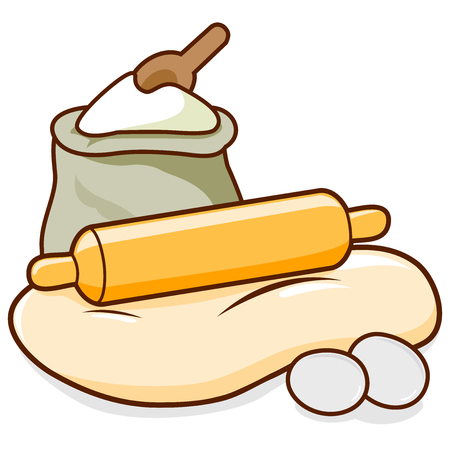 Bread baking ingredients. A rolling pin rolling out dough, flour and eggs. Vector illustrationのイラスト素材