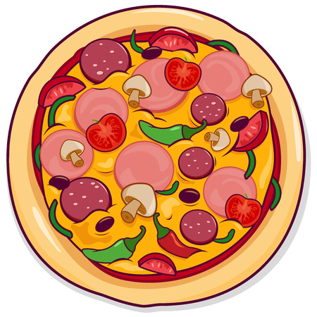 Pizza with mushroom, pepper, tomato and more toppings illustration.のイラスト素材
