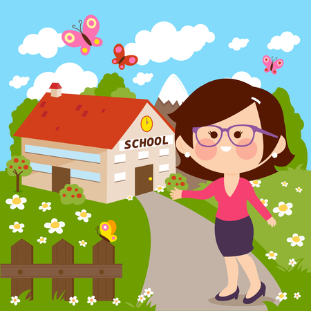 Teacher in front of school building illustration.のイラスト素材