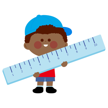Little boy student holding a big ruler. Vector illustrationのイラスト素材
