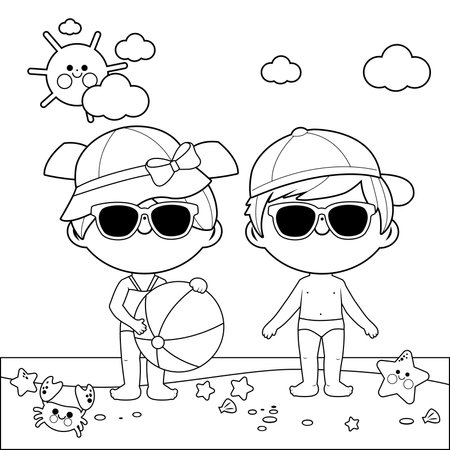 Children at the beach with hats and sunglasses. Black and white coloring book pageのイラスト素材
