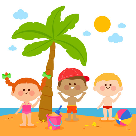 Children at the beach under a palm treeのイラスト素材