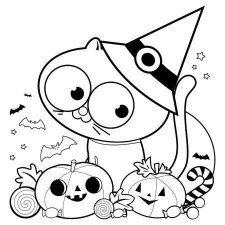 Halloween cat, pumpkins and treats. Black and white coloring book pageのイラスト素材