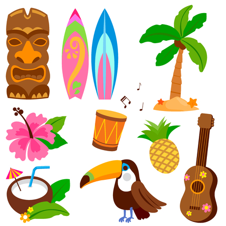 Hawaiian vector collection with objects including a toucan bird, tiki mask and other summer vacation design elements.のイラスト素材