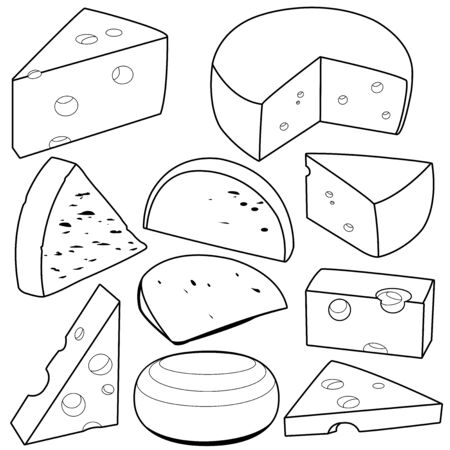 Various types of cheese. Black and white vector outline illustrationのイラスト素材