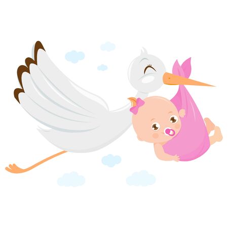 Stork delivering a new baby girl. Vector Illustrationのイラスト素材